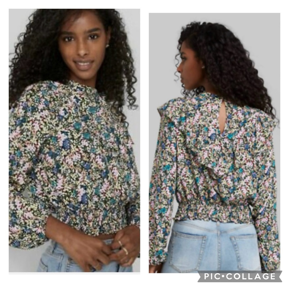 Wild Fable Long Sleeve Ruffle Peasant Top Ditzy Floral Smocked Waist Women Sz L